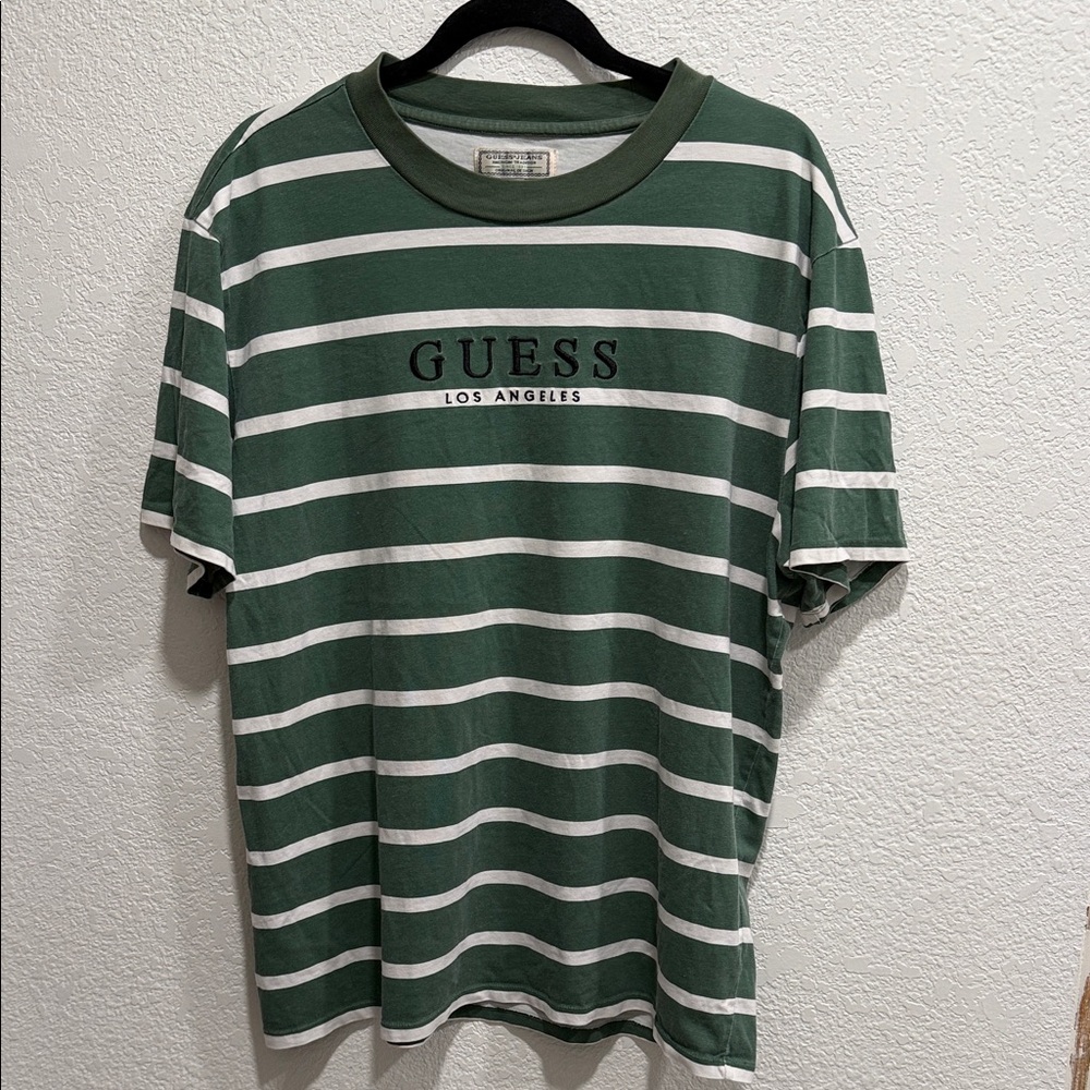 GUESS Men's Green and White Striped Tee